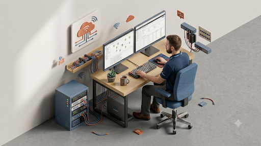 Tech eXperts technician working at a multi-monitor workstation